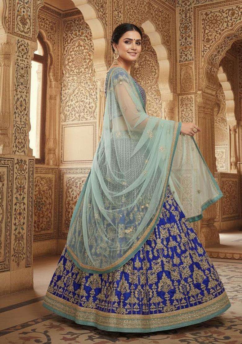 Royal Blue Net Lehenga Set with Embroidery for Diwali | Wedding & Festive Wear - Indya