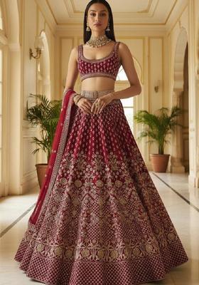 Maroon Embroidery Silk Lehenga Set