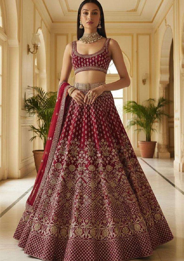 Maroon Silk Blend Lehenga Set with Embroidery for Diwali | Wedding & Festive Wear - Indya