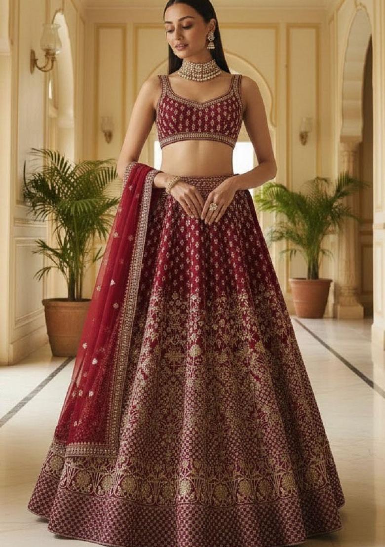 Maroon Embroidery Silk Lehenga Set - Indya