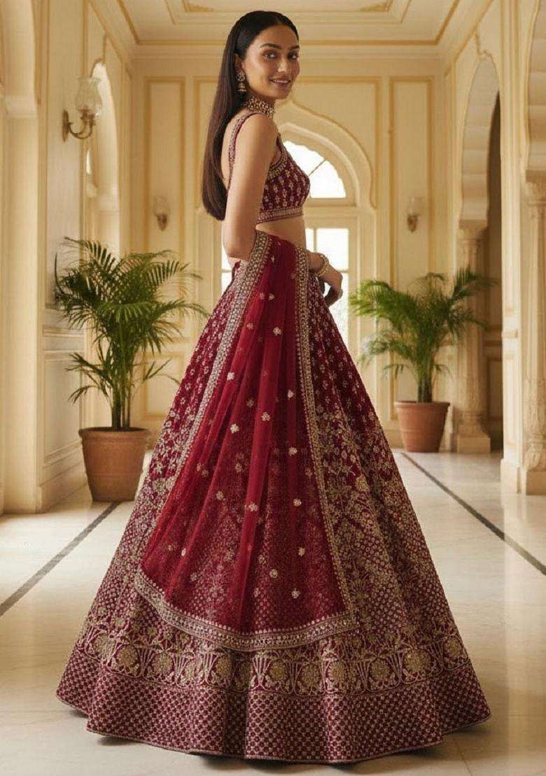 Maroon Silk Blend Lehenga Set with Embroidery for Diwali | Wedding & Festive Wear - Indya