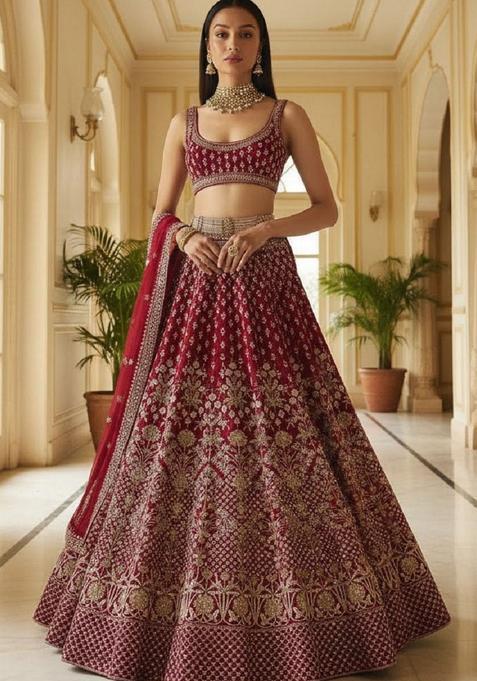 Maroon Embroidery Silk Lehenga Set