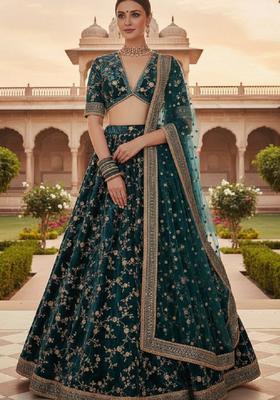 Green Embroidery Velvet Lehenga Set