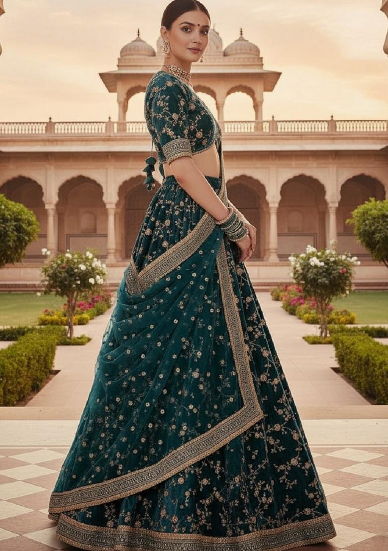 Green Embroidery Velvet Lehenga Set - Indya