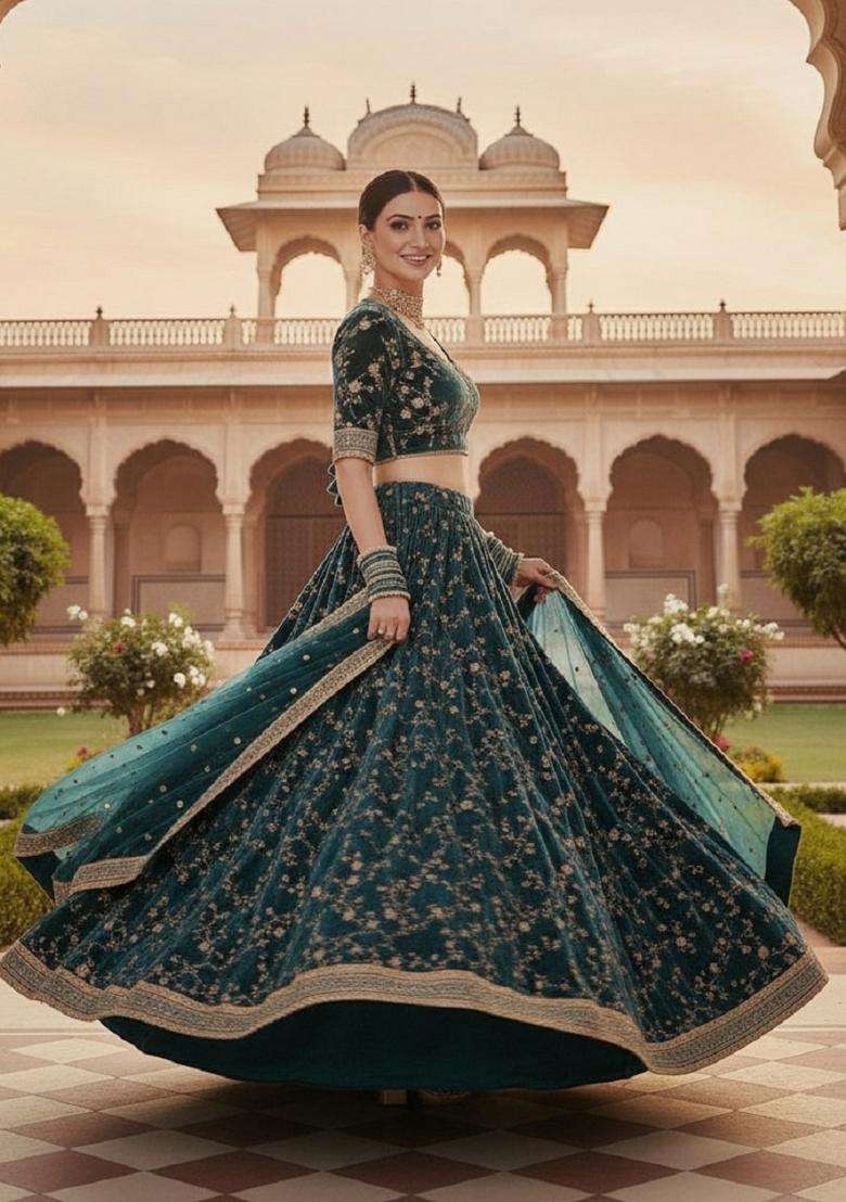 Green Velvet Lehenga Set with Embroidery for Diwali | Wedding & Festive Wear - Indya
