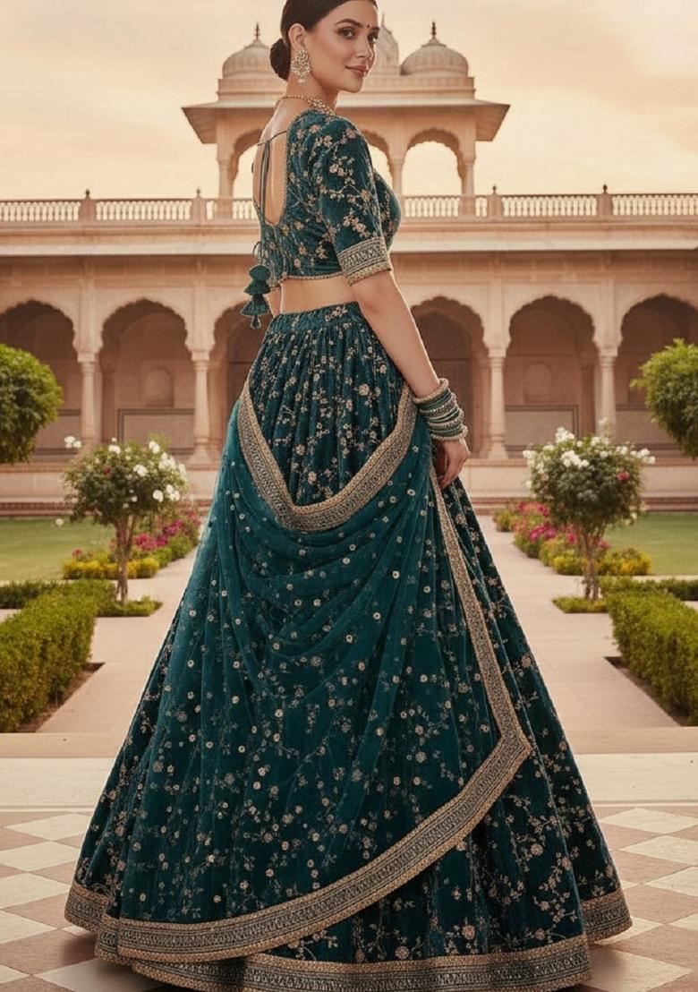 Green Embroidery Velvet Lehenga Set - Indya