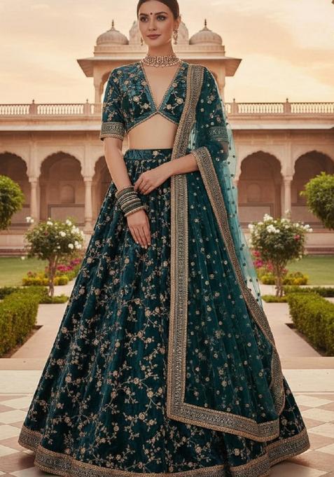 Green Embroidery Velvet Lehenga Set