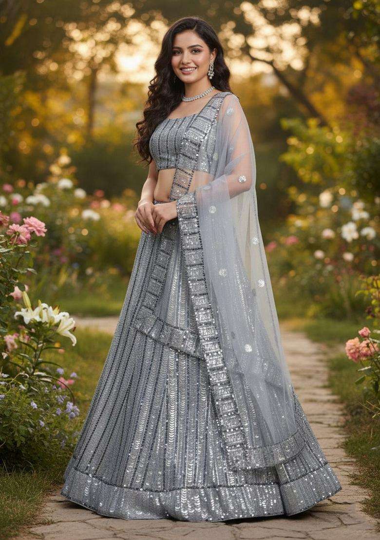 Grey Georgette Lehenga Set with Embroidery for Diwali | Wedding & Festive Wear - Indya