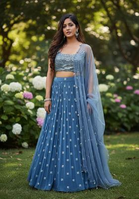 Dark Sky Blue Embroidery Georgette Lehenga Set