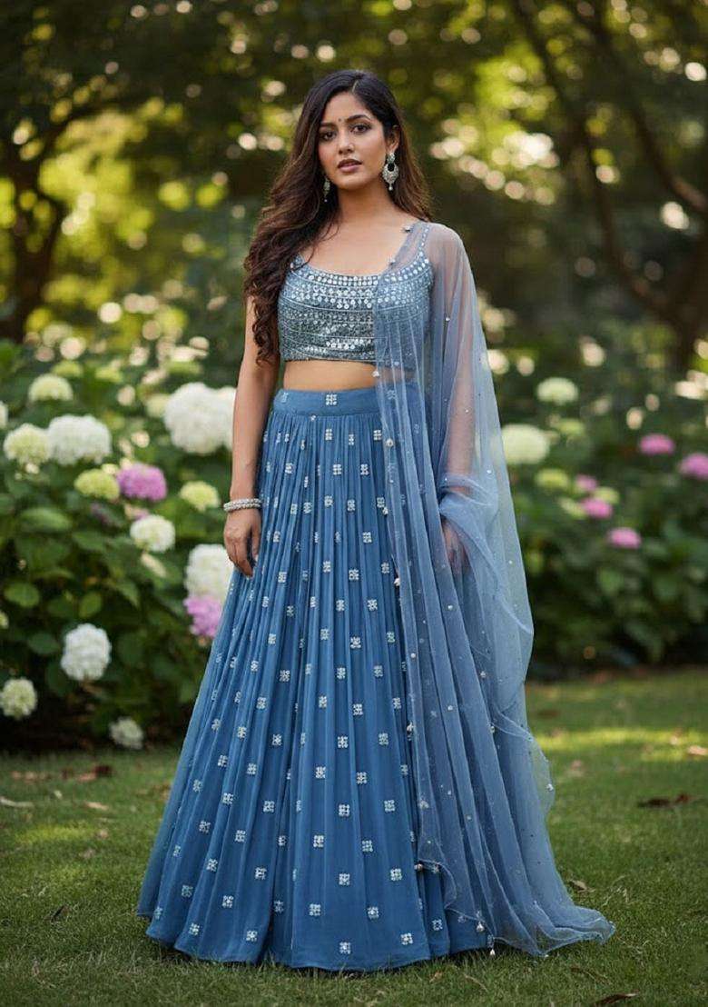Dark Sky Blue Embroidery Georgette Lehenga Set for Diwali and Festive Wear - Indya