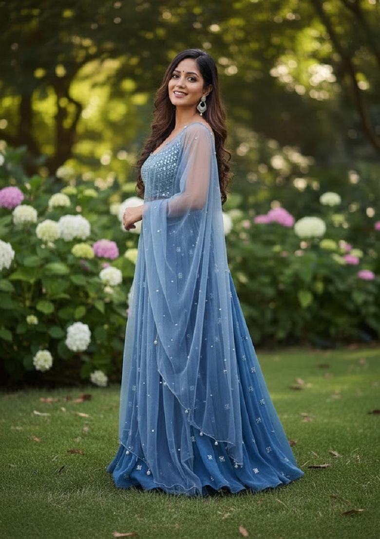 Dark Sky Blue Embroidery Georgette Lehenga Set - Indya