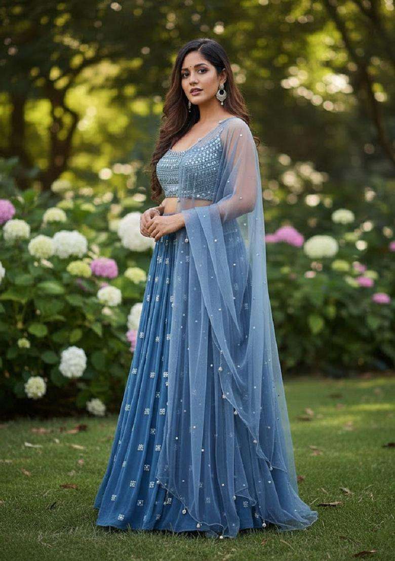 Dark Sky Blue Embroidery Georgette Lehenga Set for Diwali and Festive Wear - Indya