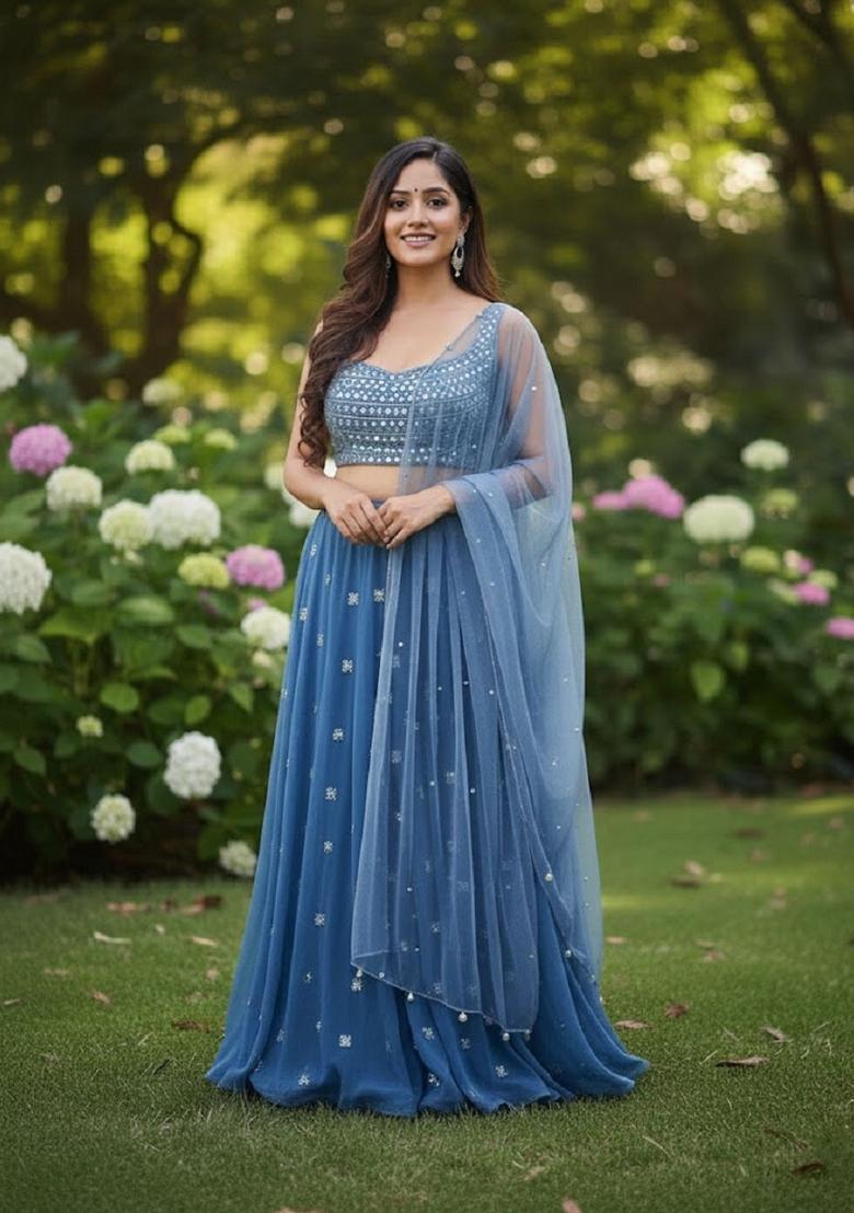 Dark Sky Blue Embroidery Georgette Lehenga Set - Indya