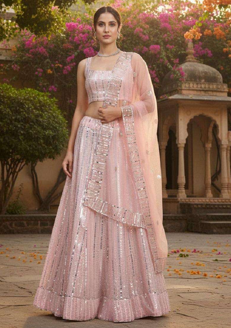 Pink Embroidery Georgette Lehenga Set for Diwali and Festive Wear - Indya