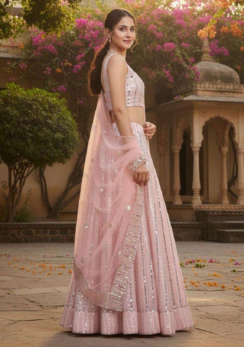 Pink Embroidery Georgette Lehenga Set for Diwali and Festive Wear - Indya
