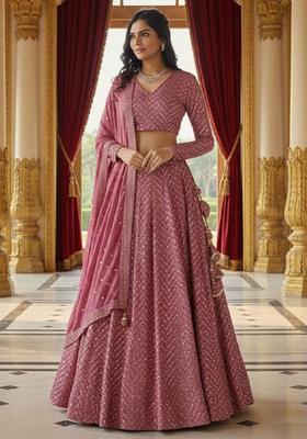 Metalic Pink Embroidery Georgette Lehenga Set
