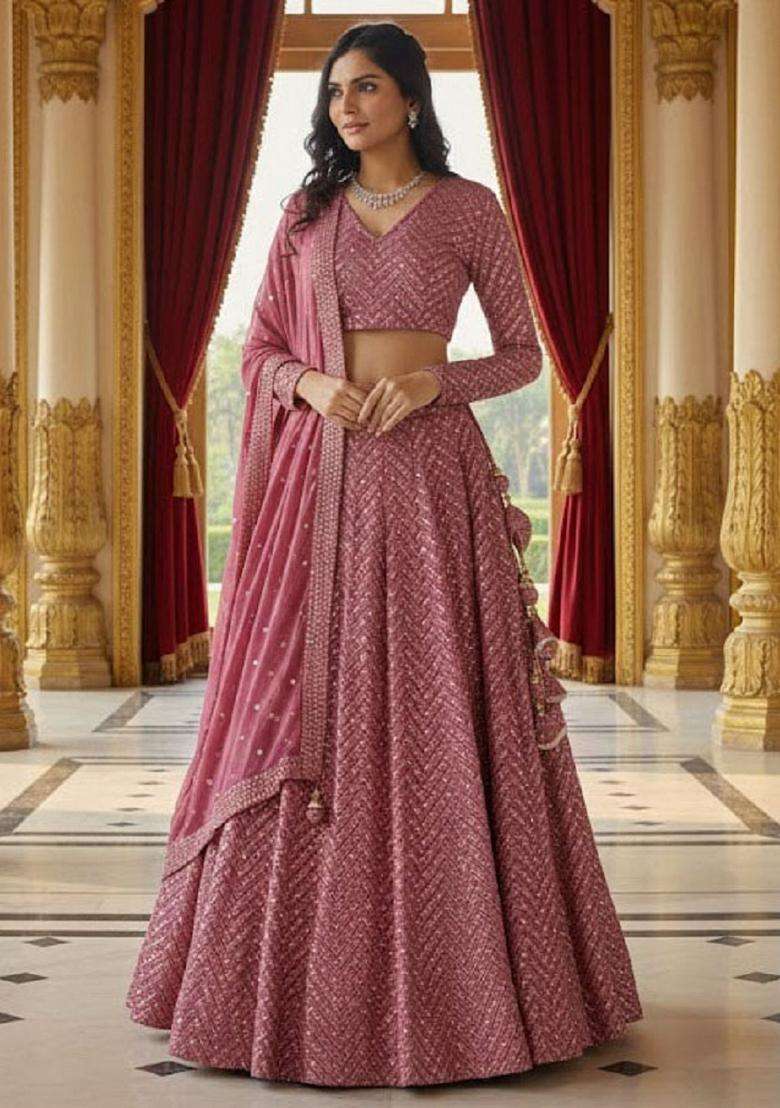 Metalic Pink Embroidery Georgette Lehenga Set for Diwali and Festive Wear - Indya