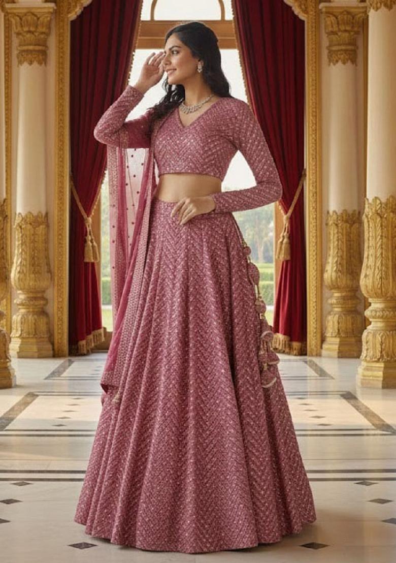Metalic Pink Embroidery Georgette Lehenga Set - Indya