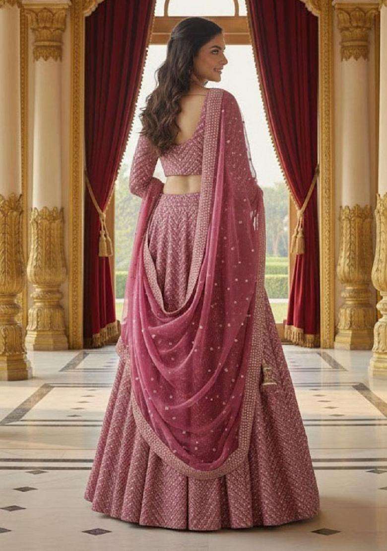 Metalic Pink Embroidery Georgette Lehenga Set for Diwali and Festive Wear - Indya