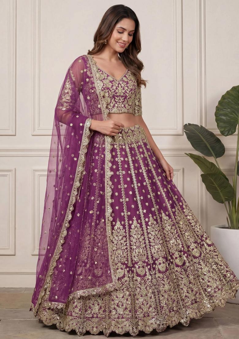 Purple Embroidery Net Lehenga Set - Indya