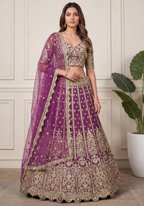 Purple Embroidery Net Lehenga Set