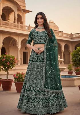 Green Embroidery Georgette Lehenga Set