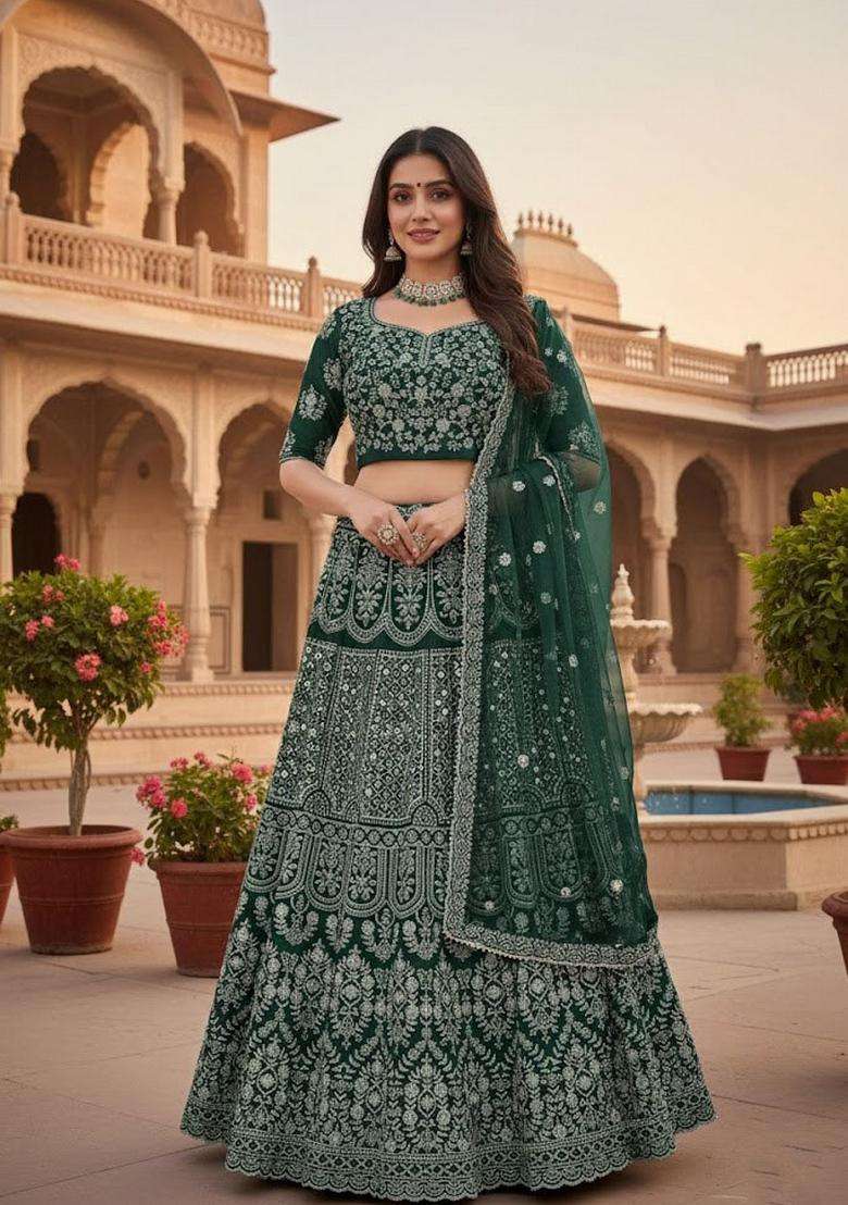 Green Georgette Lehenga Set with Embroidery for Diwali | Wedding & Festive Wear - Indya