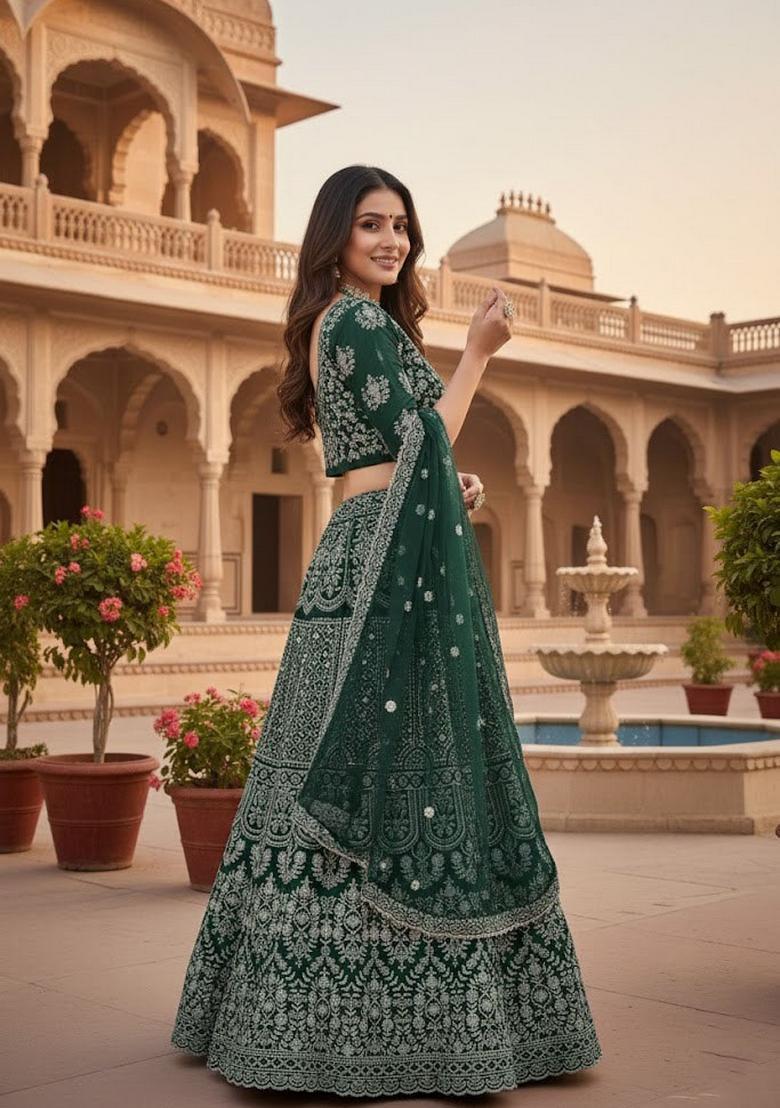 Green Embroidery Georgette Lehenga Set - Indya