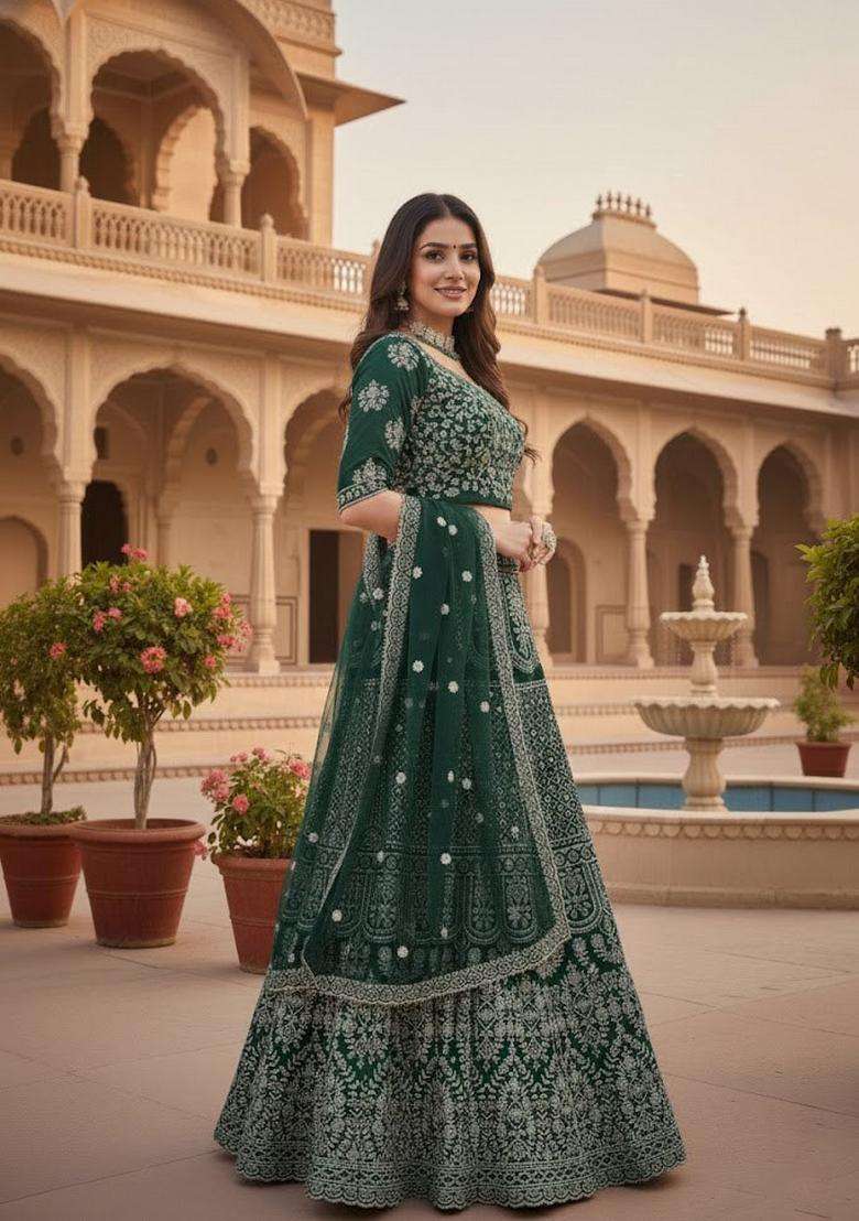 Green Georgette Lehenga Set with Embroidery for Diwali | Wedding & Festive Wear - Indya