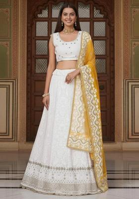 White Embroidery Georgette Lehenga Set