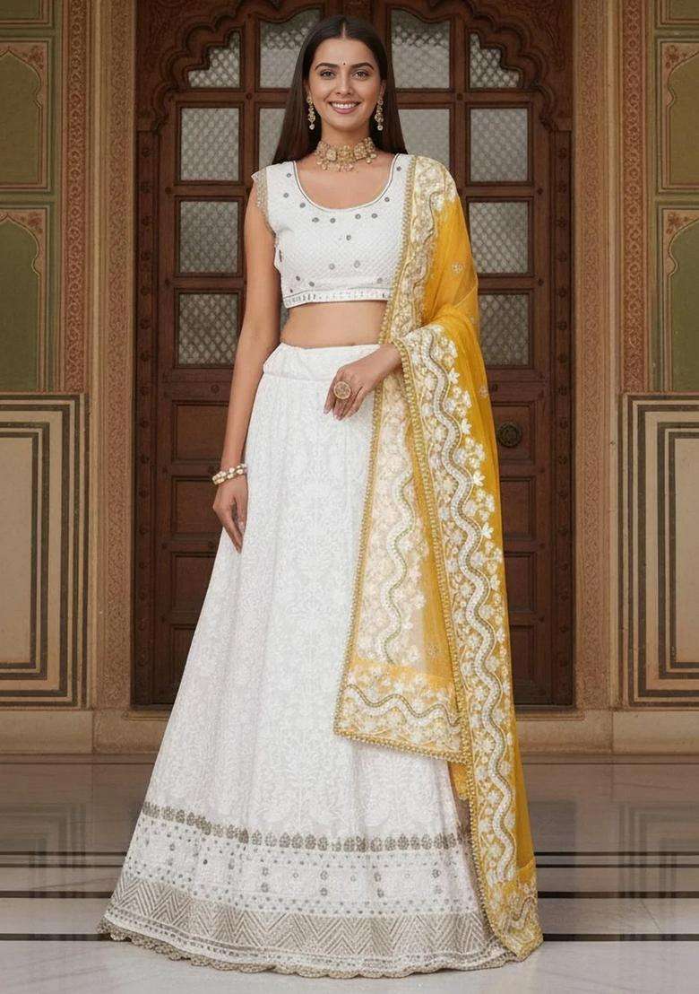 White Georgette Lehenga Set with Embroidery for Diwali | Wedding & Festive Wear - Indya