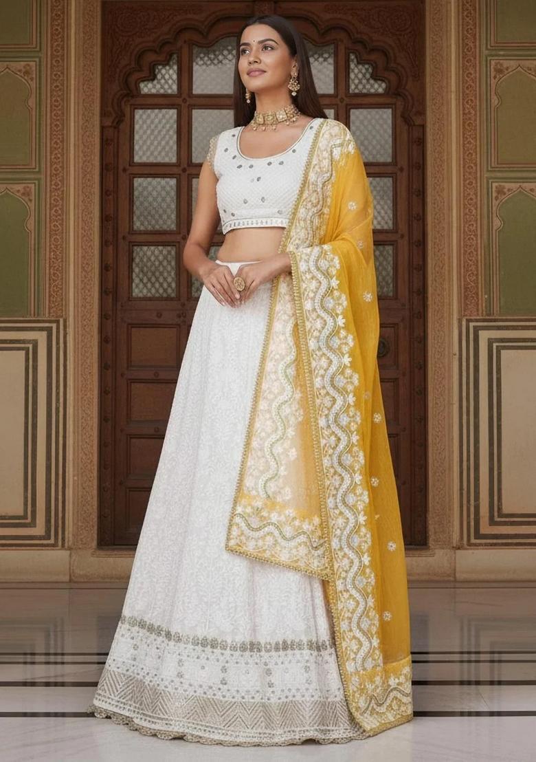 White Embroidery Georgette Lehenga Set - Indya