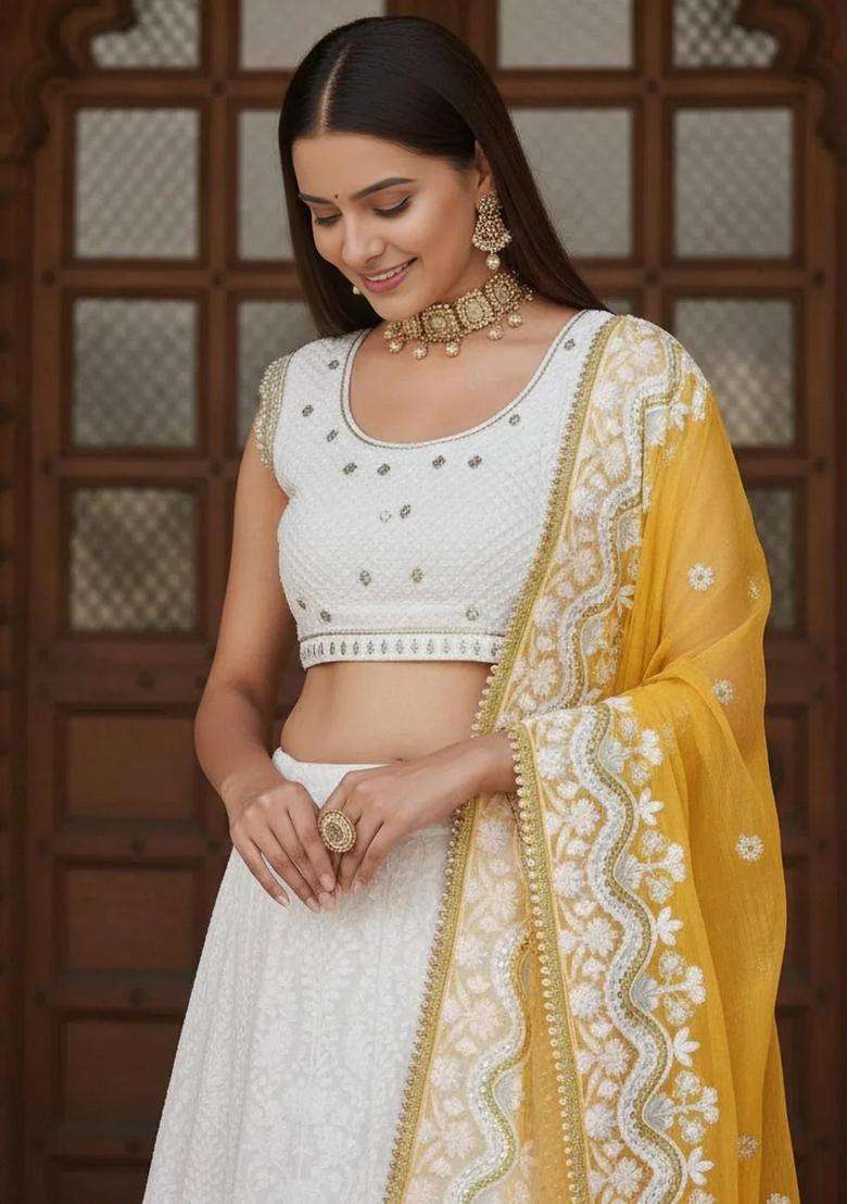 White Georgette Lehenga Set with Embroidery for Diwali | Wedding & Festive Wear - Indya