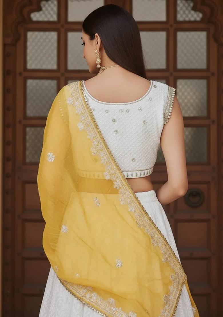 White Embroidery Georgette Lehenga Set - Indya