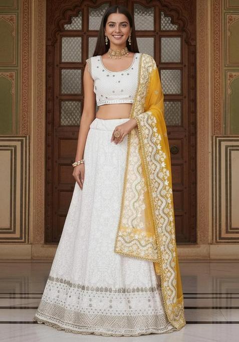 White Embroidery Georgette Lehenga Set