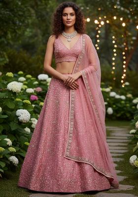 Baby Pink Embroidery Silk Lehenga Set