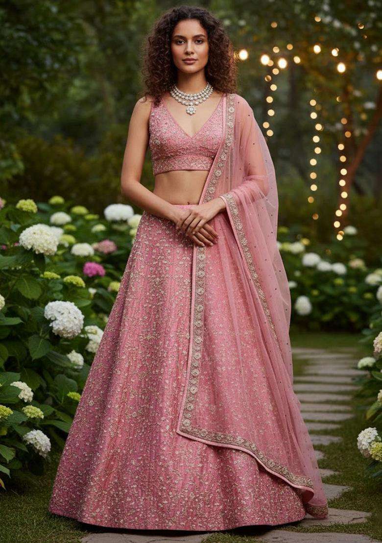 Baby Pink Embroidery Silk Blend Lehenga Set for Diwali and Festive Wear - Indya