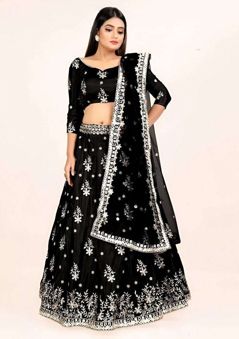 Black Embroidery Silk Blend Lehenga Set for Diwali and Festive Wear - Indya