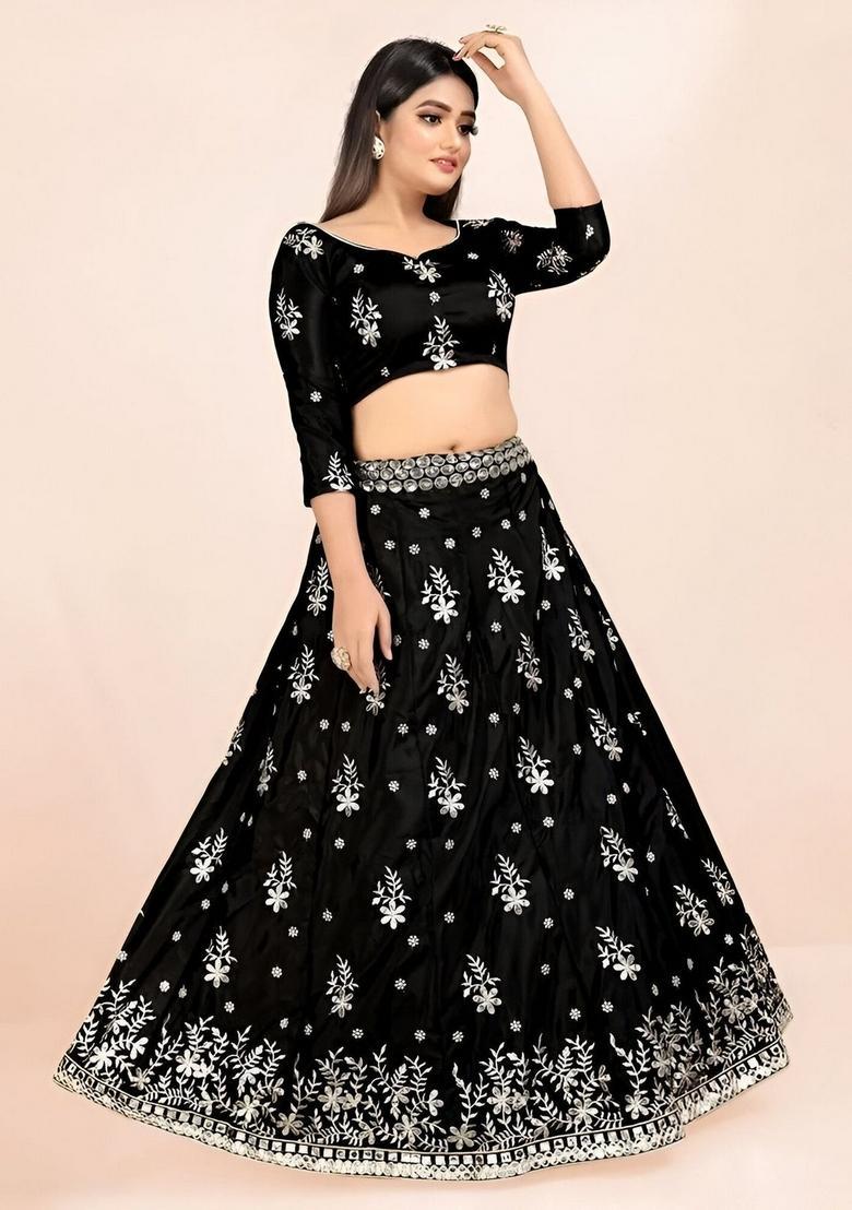 Black Embroidery Silk Lehenga Set - Indya