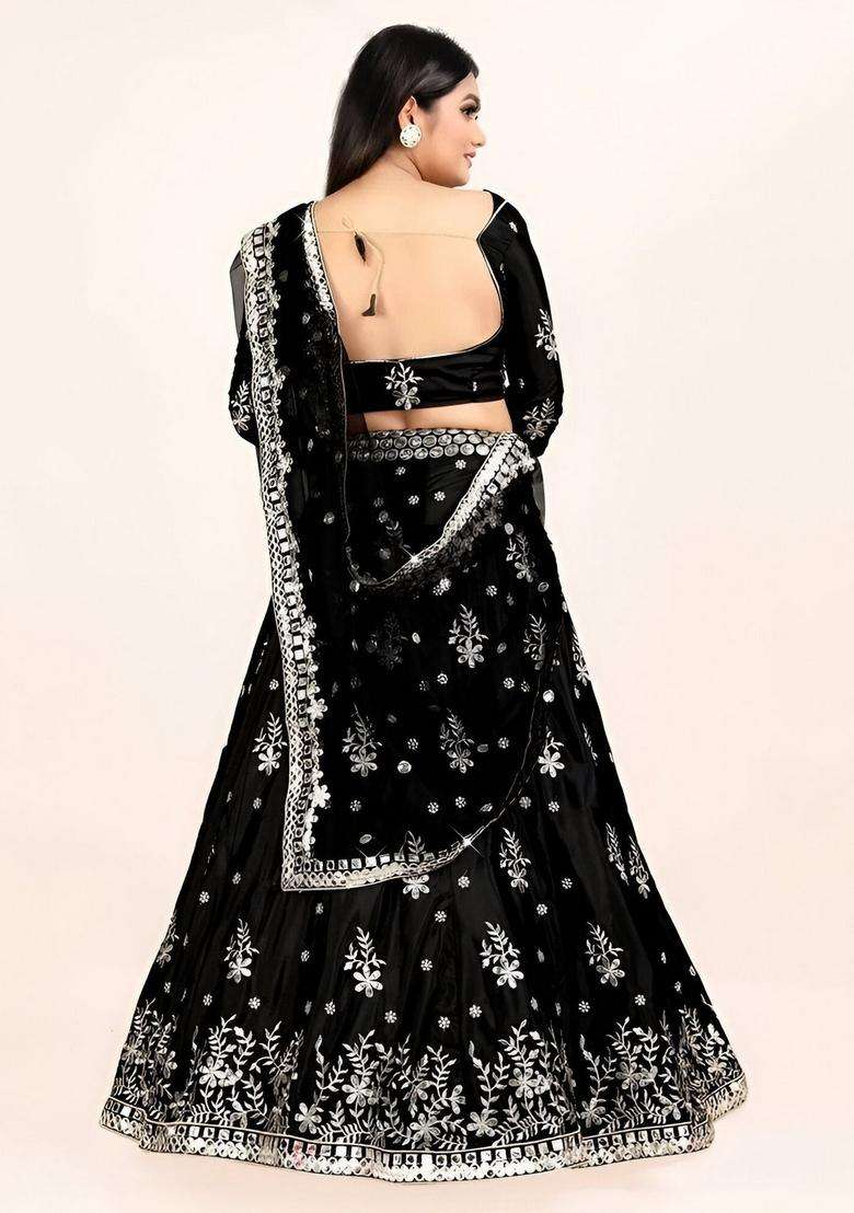 Black Embroidery Silk Blend Lehenga Set for Diwali and Festive Wear - Indya