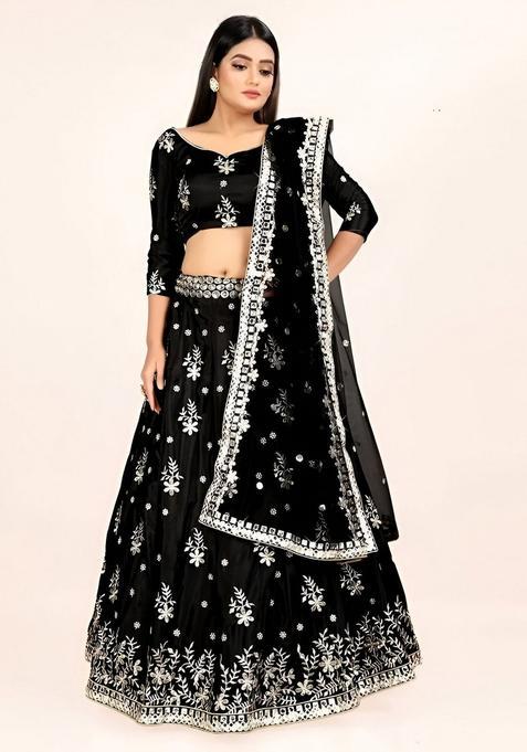 Black Embroidery Silk Lehenga Set