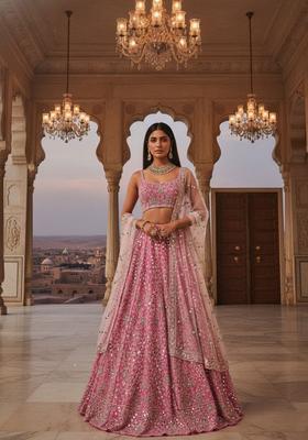 Gajari Pink Embroidery Silk Lehenga Set