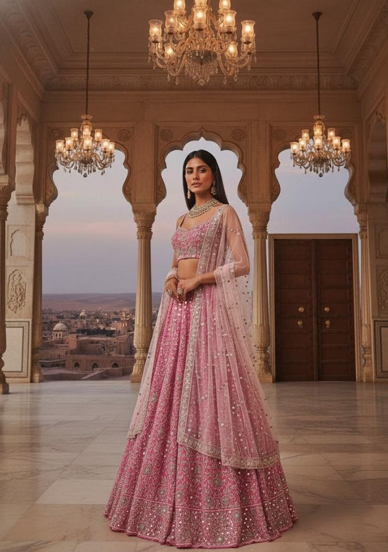 Gajari Pink Embroidery Silk Lehenga Set - Indya