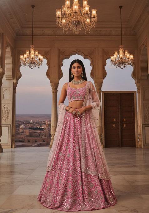 Gajari Pink Embroidery Silk Lehenga Set