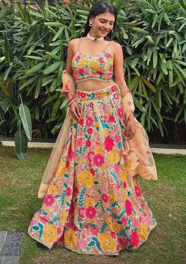 Chiku Georgette Lehenga Set with Embroidery for Diwali | Wedding & Festive Wear - Indya
