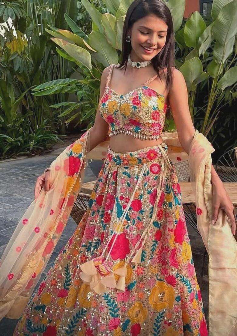 Chiku Georgette Lehenga Set with Embroidery for Diwali | Wedding & Festive Wear - Indya