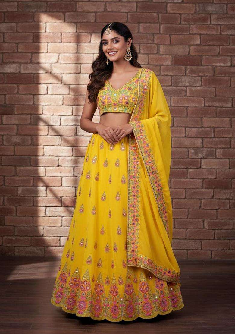 Yellow Georgette Lehenga Set with Embroidery for Diwali | Wedding & Festive Wear - Indya