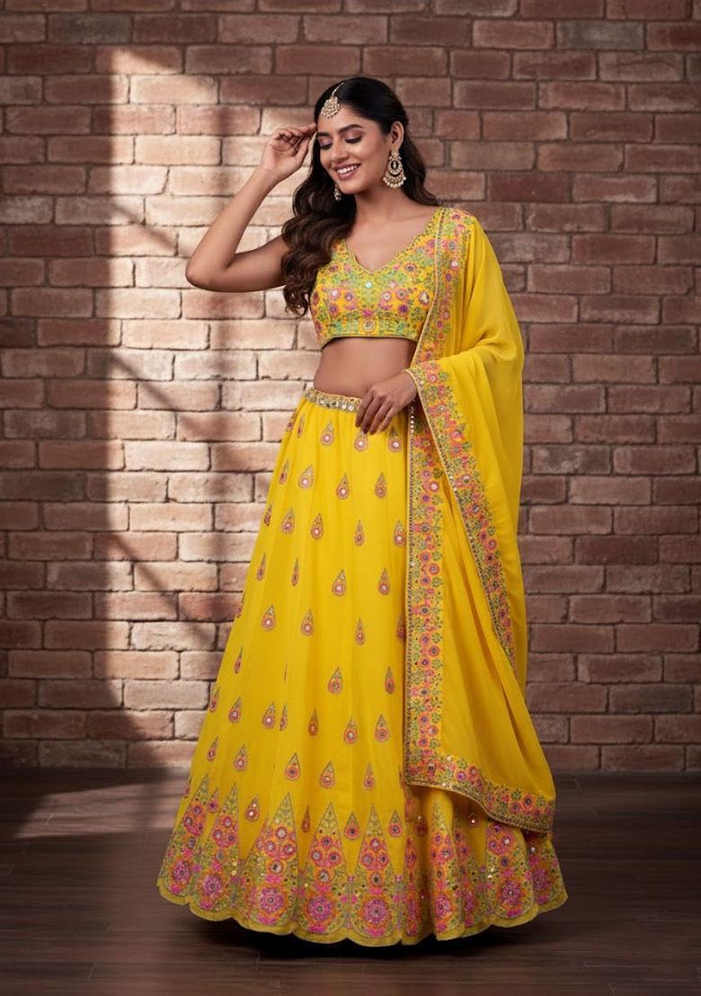 Yellow Embroidery Georgette Lehenga Set - Indya
