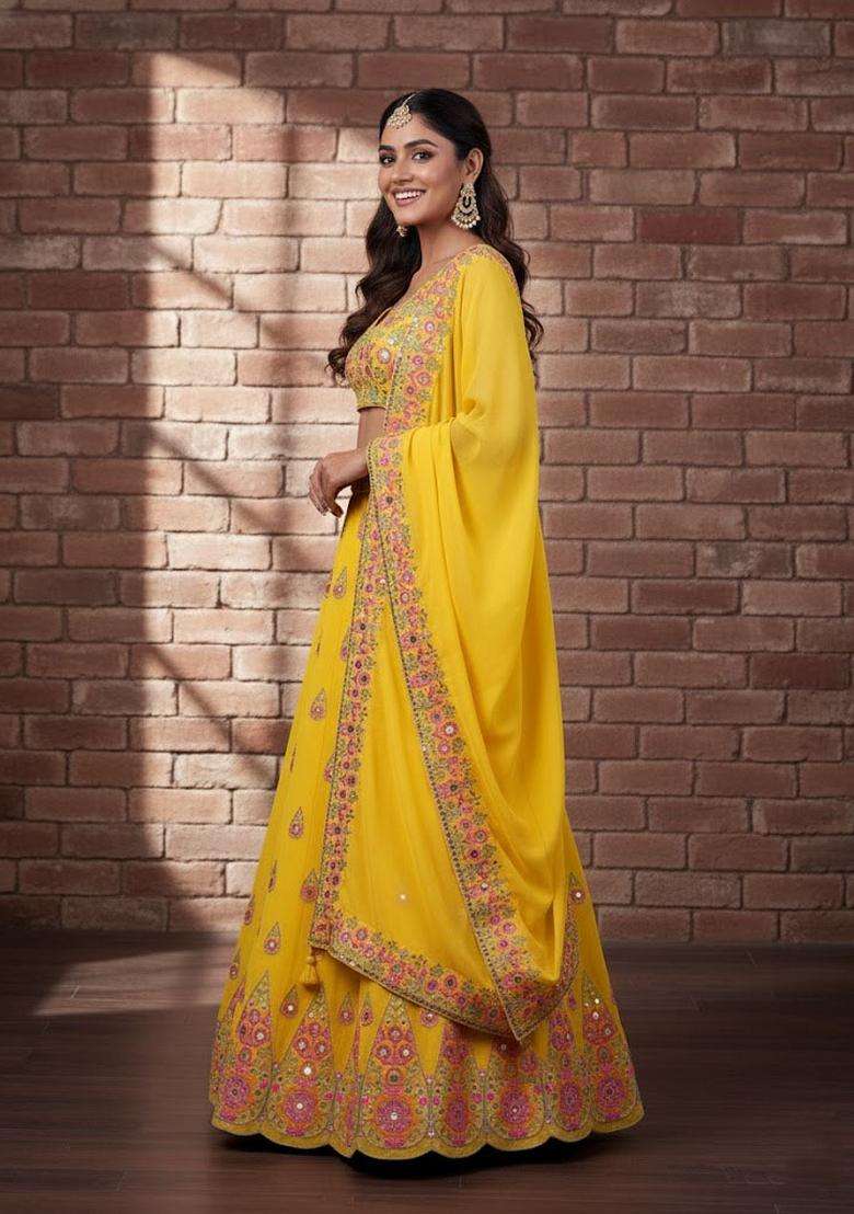Yellow Georgette Lehenga Set with Embroidery for Diwali | Wedding & Festive Wear - Indya