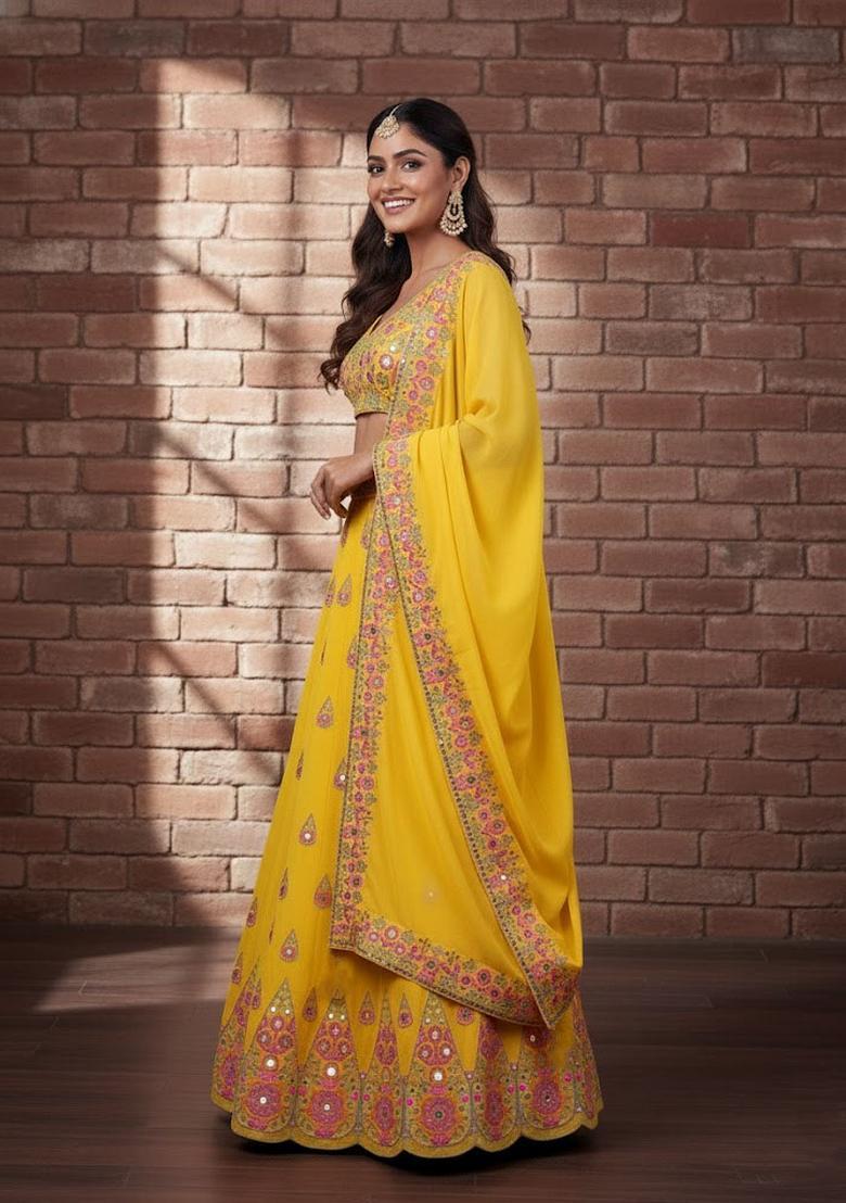 Yellow Embroidery Georgette Lehenga Set - Indya